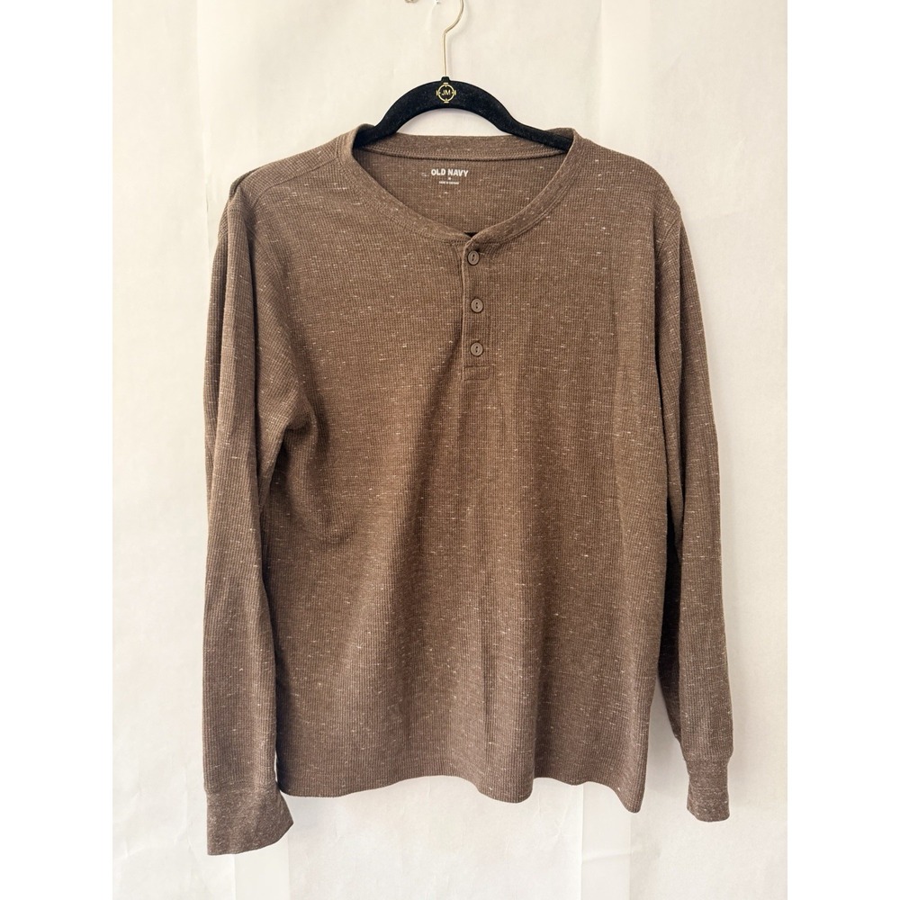 Old Navy Waffle Knit Henley Heathering Brown Long Sleeve Shirt Men Size XL